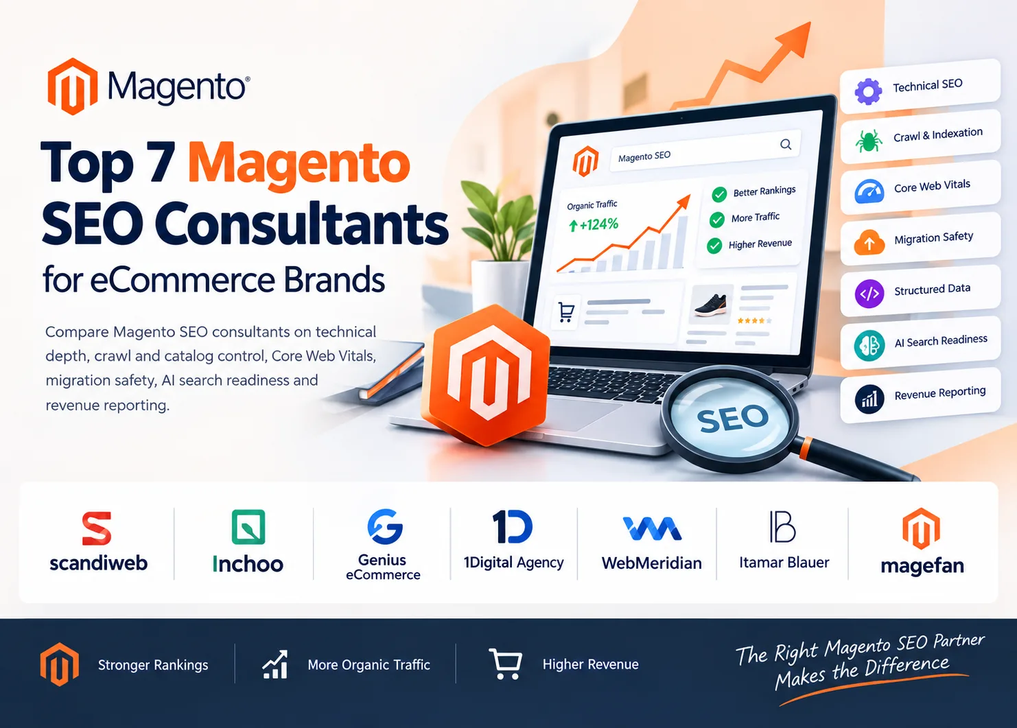 Top 7 Magento SEO consultants infographic featuring Magento branding, an eCommerce laptop dashboard, SEO analytics, organic traffic growth, technical SEO, crawl and indexation, Core Web Vitals, migration safety, structured data, AI search readiness, revenue reporting, and consultant logos.